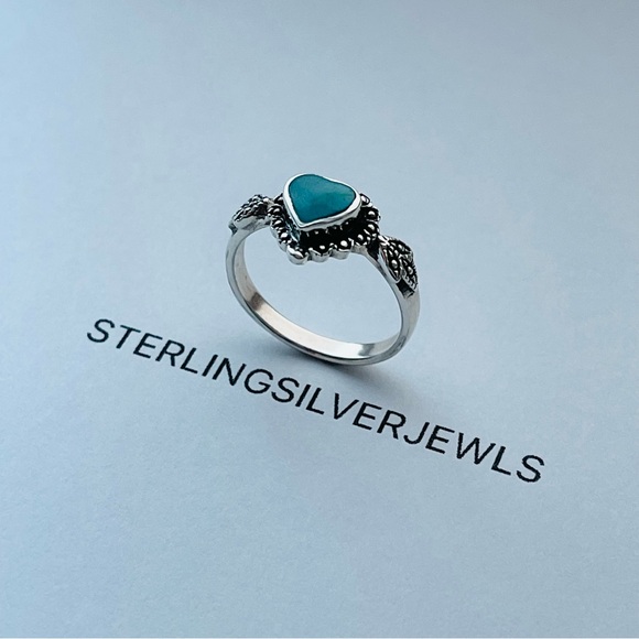 Sterling Silver Victorian Heart Synthetic Turquoise Ring, Love Silver Rings - Picture 4 of 13